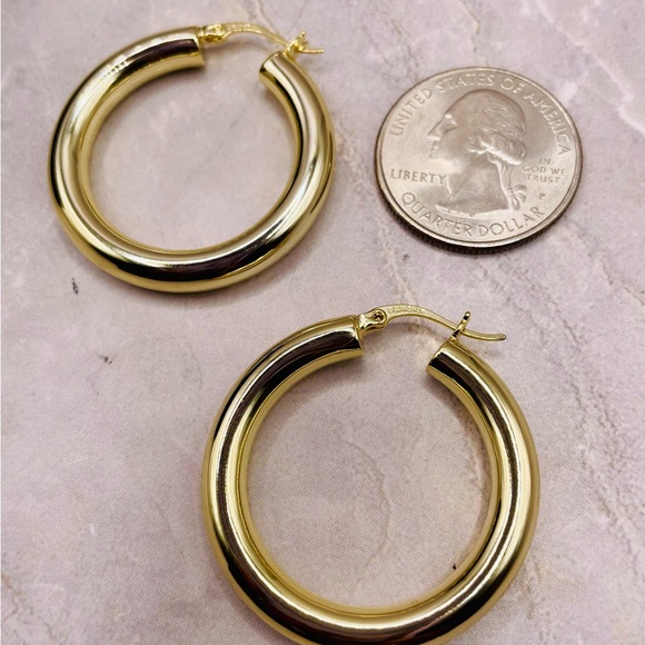 HSN Bellezza Bronze Gold tone Polish Tube Click Top Gold Hoop Earrings. 925 post - Picture 3 of 7